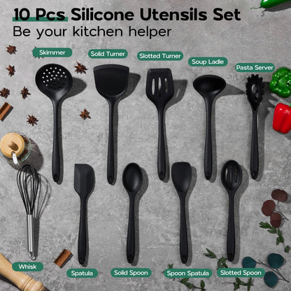 Kitchen Utensils Set, 10 Pieces Black Silicone Cooking Utensils Set
