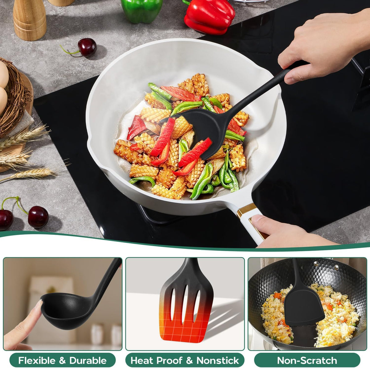 Kitchen Utensils Set, 10 Pieces Black Silicone Cooking Utensils Set