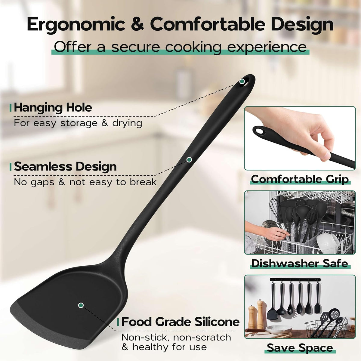 Kitchen Utensils Set, 10 Pieces Black Silicone Cooking Utensils Set