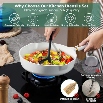 Kitchen Utensils Set, 10 Pieces Black Silicone Cooking Utensils Set