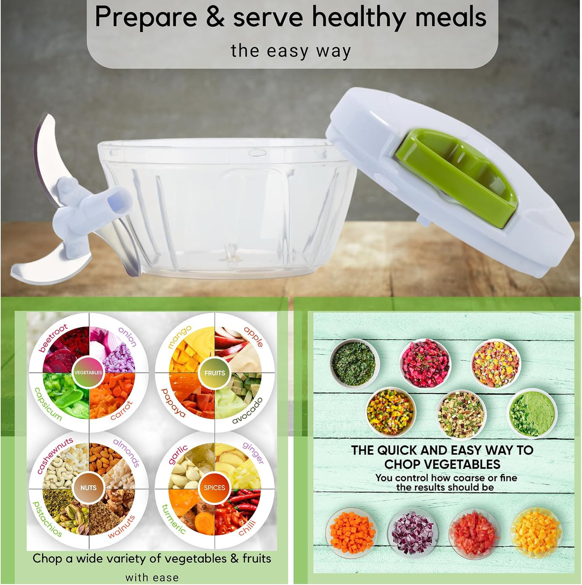 Manual Food Chopper, Compact & Powerful Hand Pull Chopper Blender to Chop Onion, Garlic, Vegetables, Fruits, Herbs for Salsa, Salad, Pesto, Hummus, Coleslaw, Puree, Indian Cooking