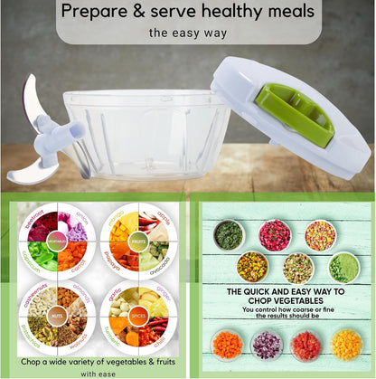 Manual Food Chopper, Compact & Powerful Hand Pull Chopper Blender to Chop Onion, Garlic, Vegetables, Fruits, Herbs for Salsa, Salad, Pesto, Hummus, Coleslaw, Puree, Indian Cooking