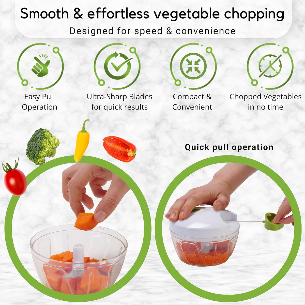 Manual Food Chopper, Compact & Powerful Hand Pull Chopper Blender to Chop Onion, Garlic, Vegetables, Fruits, Herbs for Salsa, Salad, Pesto, Hummus, Coleslaw, Puree, Indian Cooking