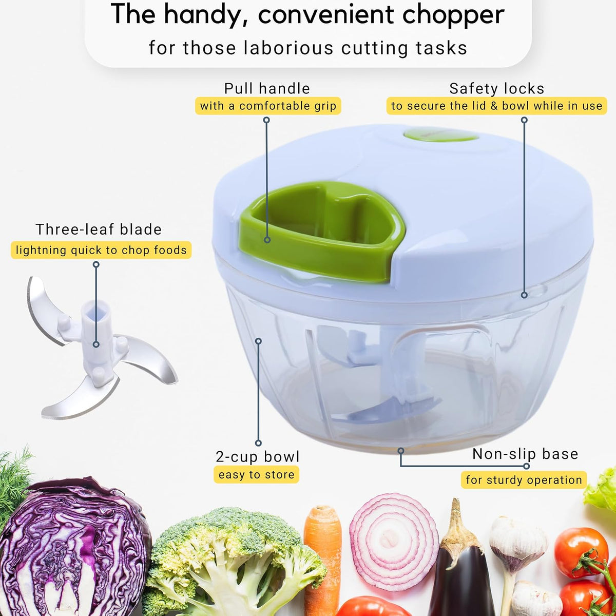 Manual Food Chopper, Compact & Powerful Hand Pull Chopper Blender to Chop Onion, Garlic, Vegetables, Fruits, Herbs for Salsa, Salad, Pesto, Hummus, Coleslaw, Puree, Indian Cooking