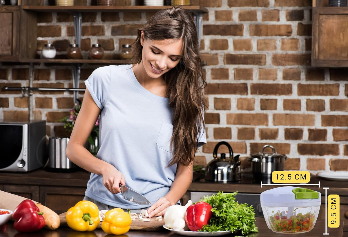 Manual Food Chopper, Compact & Powerful Hand Pull Chopper Blender to Chop Onion, Garlic, Vegetables, Fruits, Herbs for Salsa, Salad, Pesto, Hummus, Coleslaw, Puree, Indian Cooking