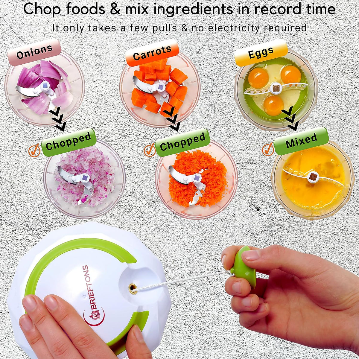 Manual Food Chopper, Compact & Powerful Hand Pull Chopper Blender to Chop Onion, Garlic, Vegetables, Fruits, Herbs for Salsa, Salad, Pesto, Hummus, Coleslaw, Puree, Indian Cooking