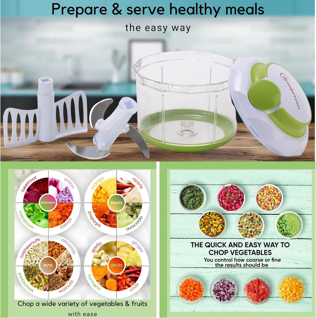 Manual Food Chopper, Compact & Powerful Hand Pull Chopper Blender to Chop Onion, Garlic, Vegetables, Fruits, Herbs for Salsa, Salad, Pesto, Hummus, Coleslaw, Puree, Indian Cooking