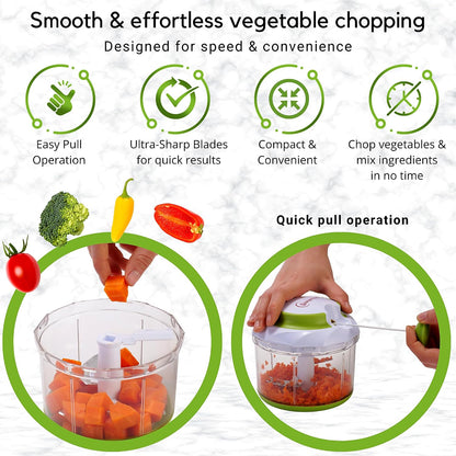 Manual Food Chopper, Compact & Powerful Hand Pull Chopper Blender to Chop Onion, Garlic, Vegetables, Fruits, Herbs for Salsa, Salad, Pesto, Hummus, Coleslaw, Puree, Indian Cooking