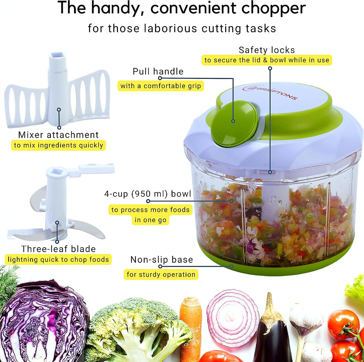 Manual Food Chopper, Compact & Powerful Hand Pull Chopper Blender to Chop Onion, Garlic, Vegetables, Fruits, Herbs for Salsa, Salad, Pesto, Hummus, Coleslaw, Puree, Indian Cooking