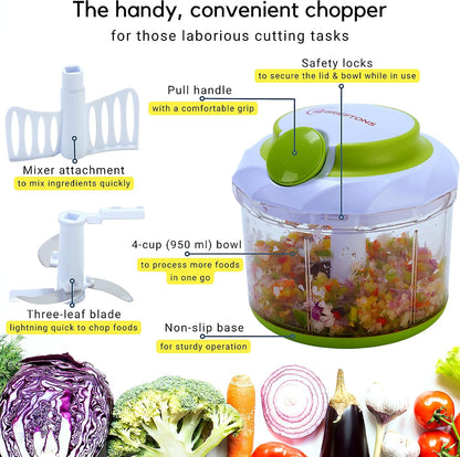 Manual Food Chopper, Compact & Powerful Hand Pull Chopper Blender to Chop Onion, Garlic, Vegetables, Fruits, Herbs for Salsa, Salad, Pesto, Hummus, Coleslaw, Puree, Indian Cooking