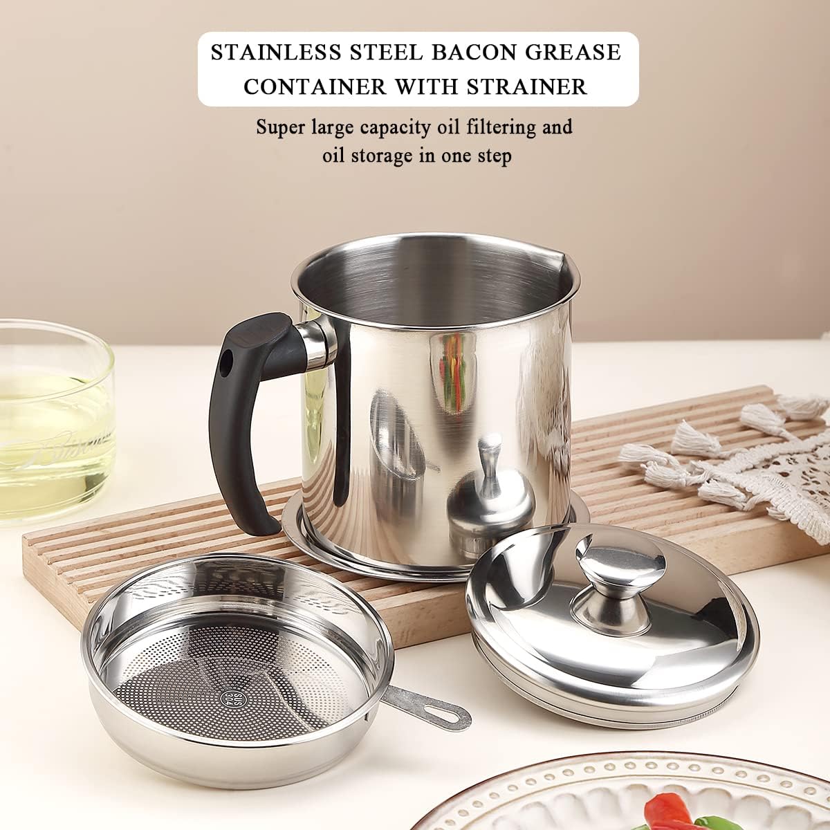 Bacon Grease Container With Strainer, 48 oz Stainless Steel Oil Container, Pot Fat Storage With Lid, Easy Grip Handle Suitable For Storing Frying Oil And Cooking Grease 1. Silver