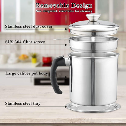 Bacon Grease Container With Strainer, 48 oz Stainless Steel Oil Container, Pot Fat Storage With Lid, Easy Grip Handle Suitable For Storing Frying Oil And Cooking Grease 1. Silver