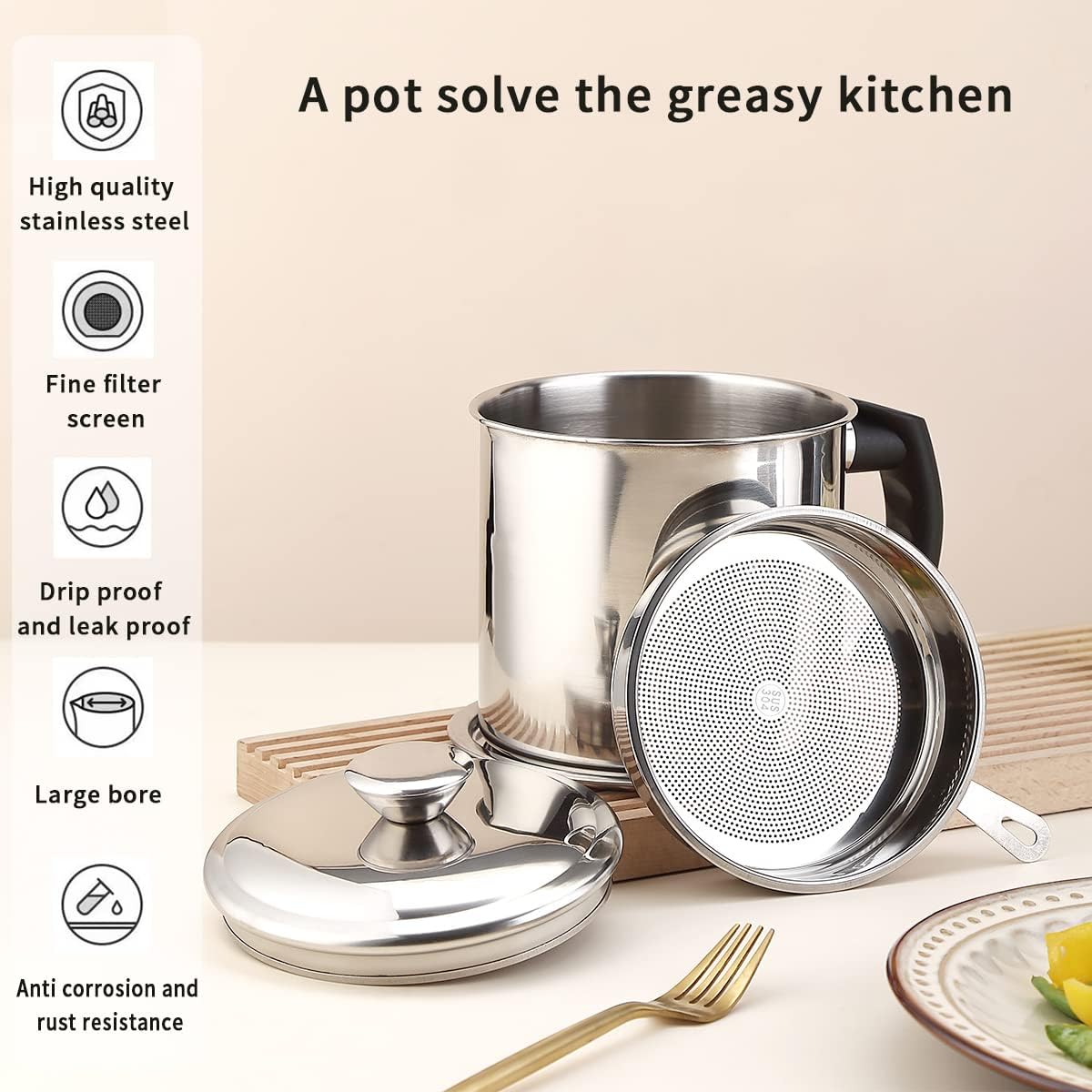 Bacon Grease Container With Strainer, 48 oz Stainless Steel Oil Container, Pot Fat Storage With Lid, Easy Grip Handle Suitable For Storing Frying Oil And Cooking Grease 1. Silver