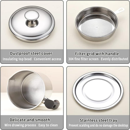 Bacon Grease Container With Strainer, 48 oz Stainless Steel Oil Container, Pot Fat Storage With Lid, Easy Grip Handle Suitable For Storing Frying Oil And Cooking Grease 1. Silver