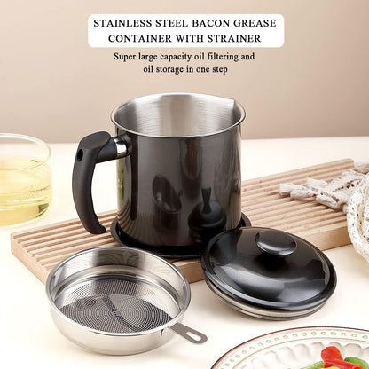 Bacon Grease Container With Strainer, 48 oz Stainless Steel Oil Container, Pot Fat Storage With Lid, Easy Grip Handle Suitable For Storing Frying Oil And Cooking Grease 1. Silver