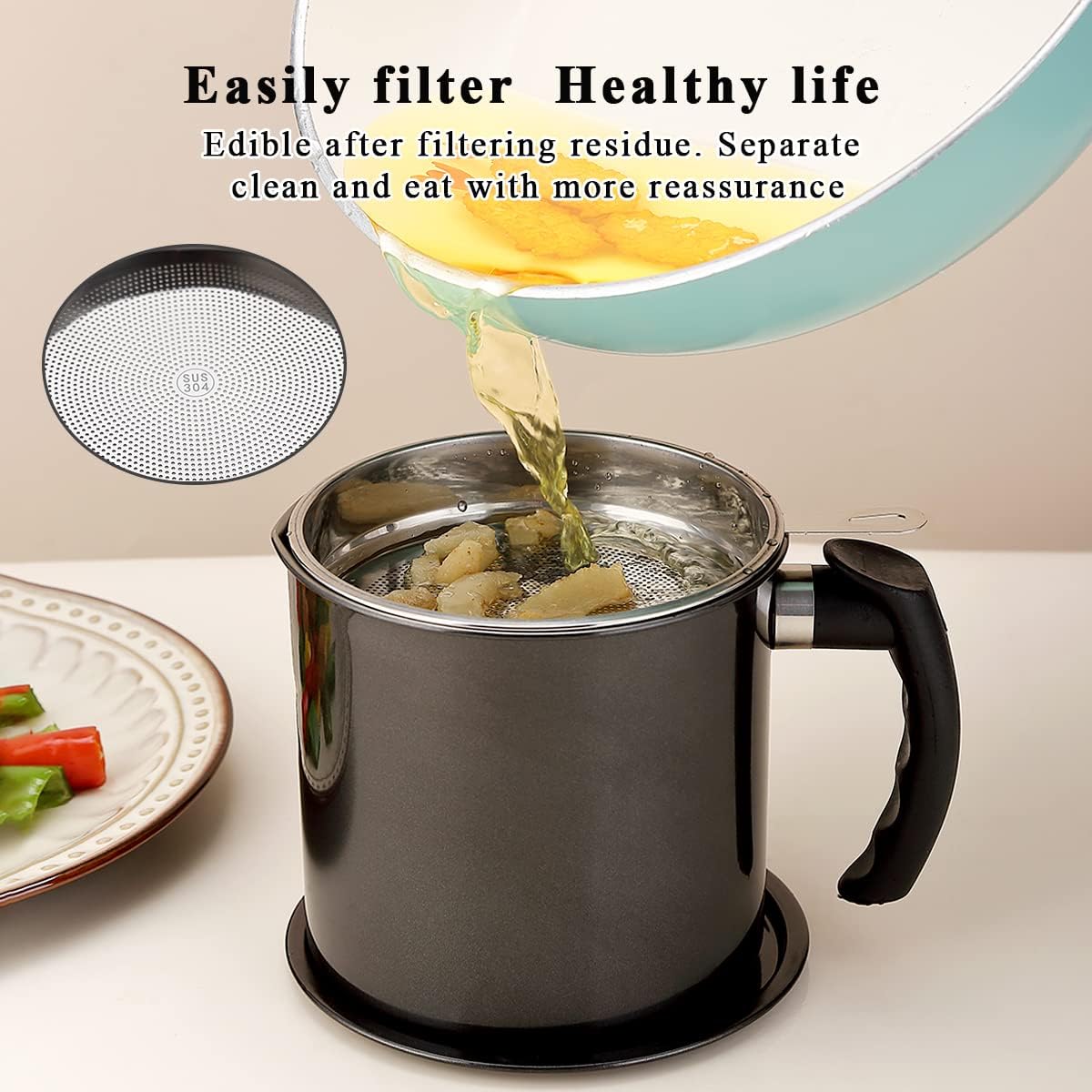 Bacon Grease Container With Strainer, 48 oz Stainless Steel Oil Container, Pot Fat Storage With Lid, Easy Grip Handle Suitable For Storing Frying Oil And Cooking Grease 1. Silver
