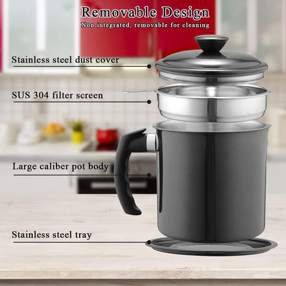 Bacon Grease Container With Strainer, 48 oz Stainless Steel Oil Container, Pot Fat Storage With Lid, Easy Grip Handle Suitable For Storing Frying Oil And Cooking Grease 1. Silver