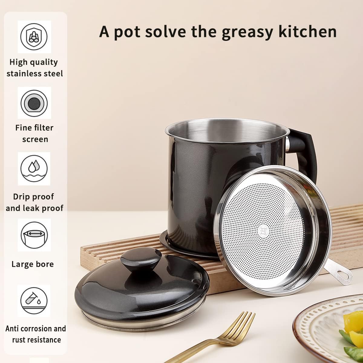 Bacon Grease Container With Strainer, 48 oz Stainless Steel Oil Container, Pot Fat Storage With Lid, Easy Grip Handle Suitable For Storing Frying Oil And Cooking Grease 1. Silver