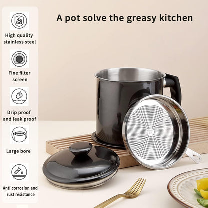 Bacon Grease Container With Strainer, 48 oz Stainless Steel Oil Container, Pot Fat Storage With Lid, Easy Grip Handle Suitable For Storing Frying Oil And Cooking Grease 1. Silver