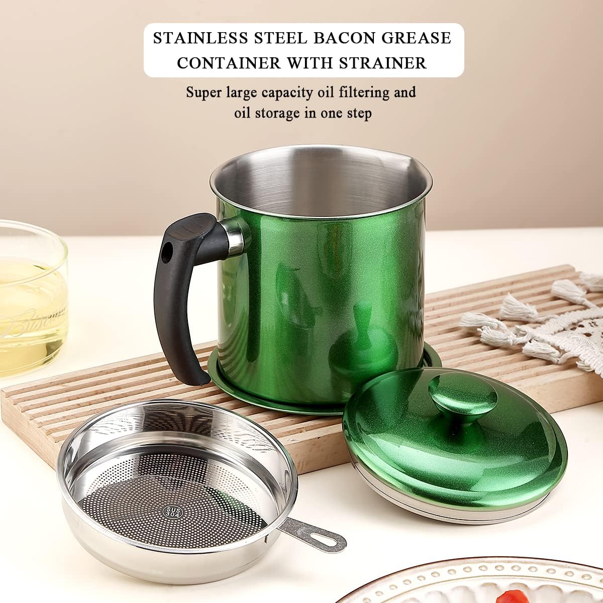 Bacon Grease Container With Strainer, 48 oz Stainless Steel Oil Container, Pot Fat Storage With Lid, Easy Grip Handle Suitable For Storing Frying Oil And Cooking Grease 1. Silver