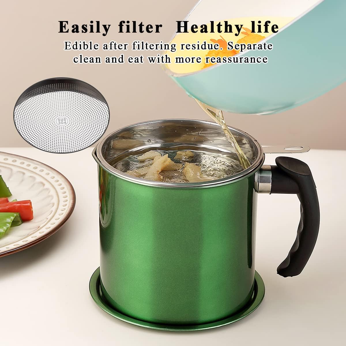 Bacon Grease Container With Strainer, 48 oz Stainless Steel Oil Container, Pot Fat Storage With Lid, Easy Grip Handle Suitable For Storing Frying Oil And Cooking Grease 1. Silver