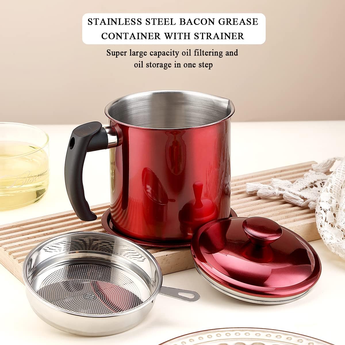 Bacon Grease Container With Strainer, 48 oz Stainless Steel Oil Container, Pot Fat Storage With Lid, Easy Grip Handle Suitable For Storing Frying Oil And Cooking Grease 1. Silver
