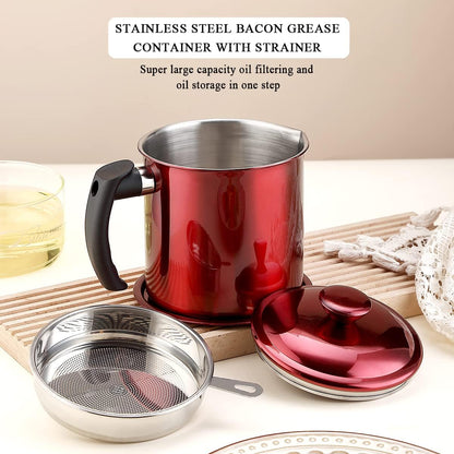 Bacon Grease Container With Strainer, 48 oz Stainless Steel Oil Container, Pot Fat Storage With Lid, Easy Grip Handle Suitable For Storing Frying Oil And Cooking Grease 1. Silver