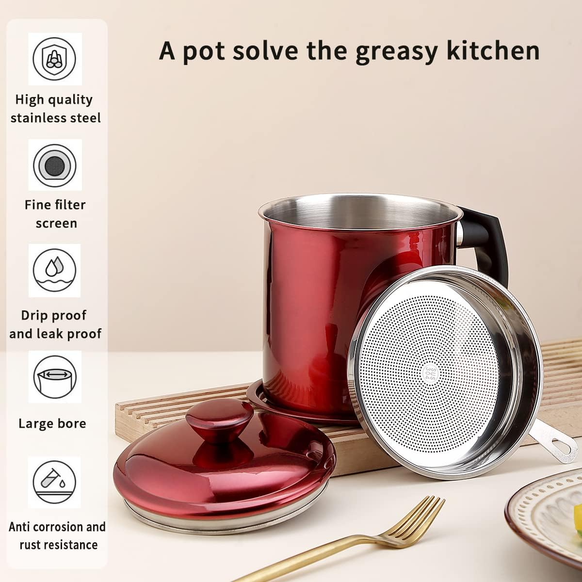Bacon Grease Container With Strainer, 48 oz Stainless Steel Oil Container, Pot Fat Storage With Lid, Easy Grip Handle Suitable For Storing Frying Oil And Cooking Grease 1. Silver