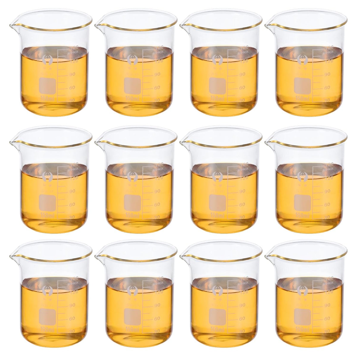 50ml Low Form Glass Beaker, 12 Pack 3.3 Borosilicate Glass Graduated Printed Scale Measuring Cups with Spout for Kitchen Lab Liquids