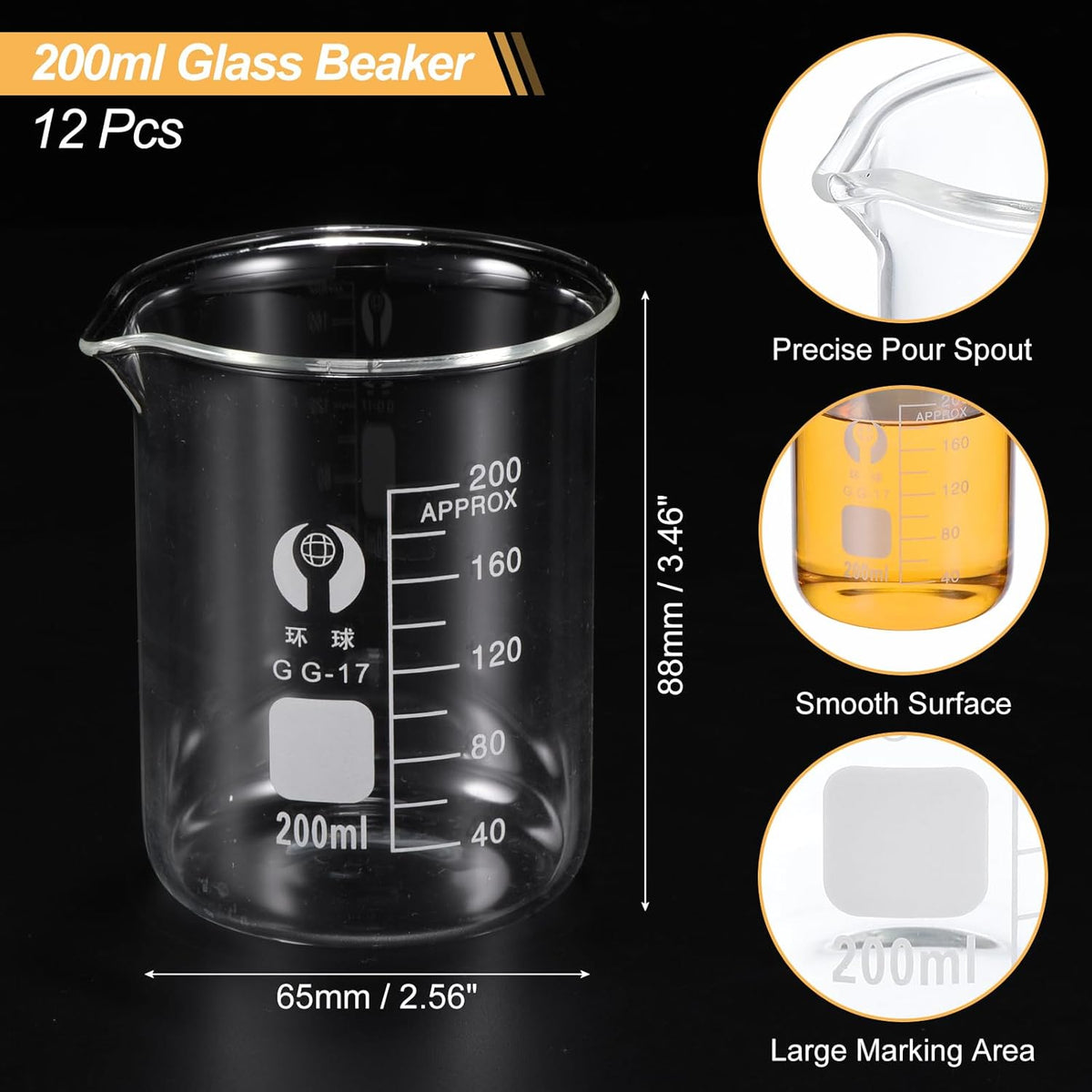 50ml Low Form Glass Beaker, 12 Pack 3.3 Borosilicate Glass Graduated Printed Scale Measuring Cups with Spout for Kitchen Lab Liquids