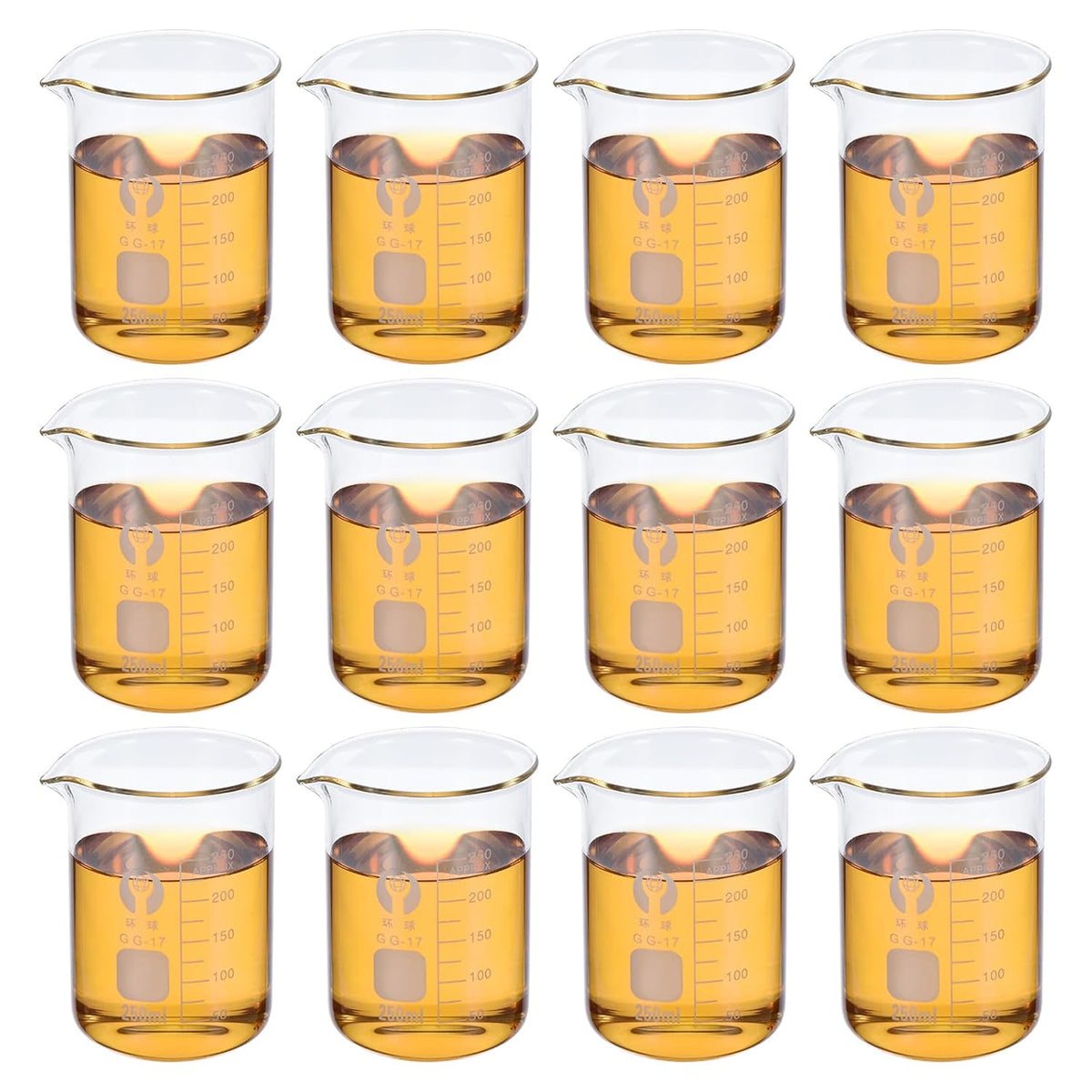 50ml Low Form Glass Beaker, 12 Pack 3.3 Borosilicate Glass Graduated Printed Scale Measuring Cups with Spout for Kitchen Lab Liquids