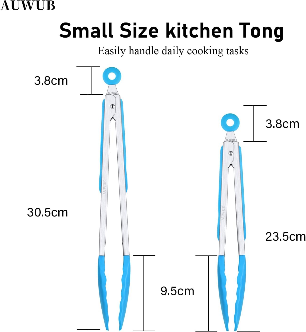 9+12 Inch Blue Salad Tongs 2-Piece Set, Silicone with 304 Stainless Steel Core & Non-Slip Grip, Kitchen Utensils for Grilling Salad
