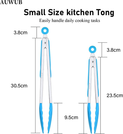 9+12 Inch Blue Salad Tongs 2-Piece Set, Silicone with 304 Stainless Steel Core & Non-Slip Grip, Kitchen Utensils for Grilling Salad