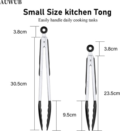 9+12 Inch Blue Salad Tongs 2-Piece Set, Silicone with 304 Stainless Steel Core & Non-Slip Grip, Kitchen Utensils for Grilling Salad