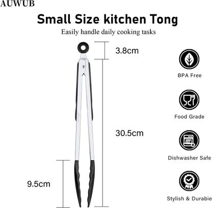 9+12 Inch Blue Salad Tongs 2-Piece Set, Silicone with 304 Stainless Steel Core & Non-Slip Grip, Kitchen Utensils for Grilling Salad