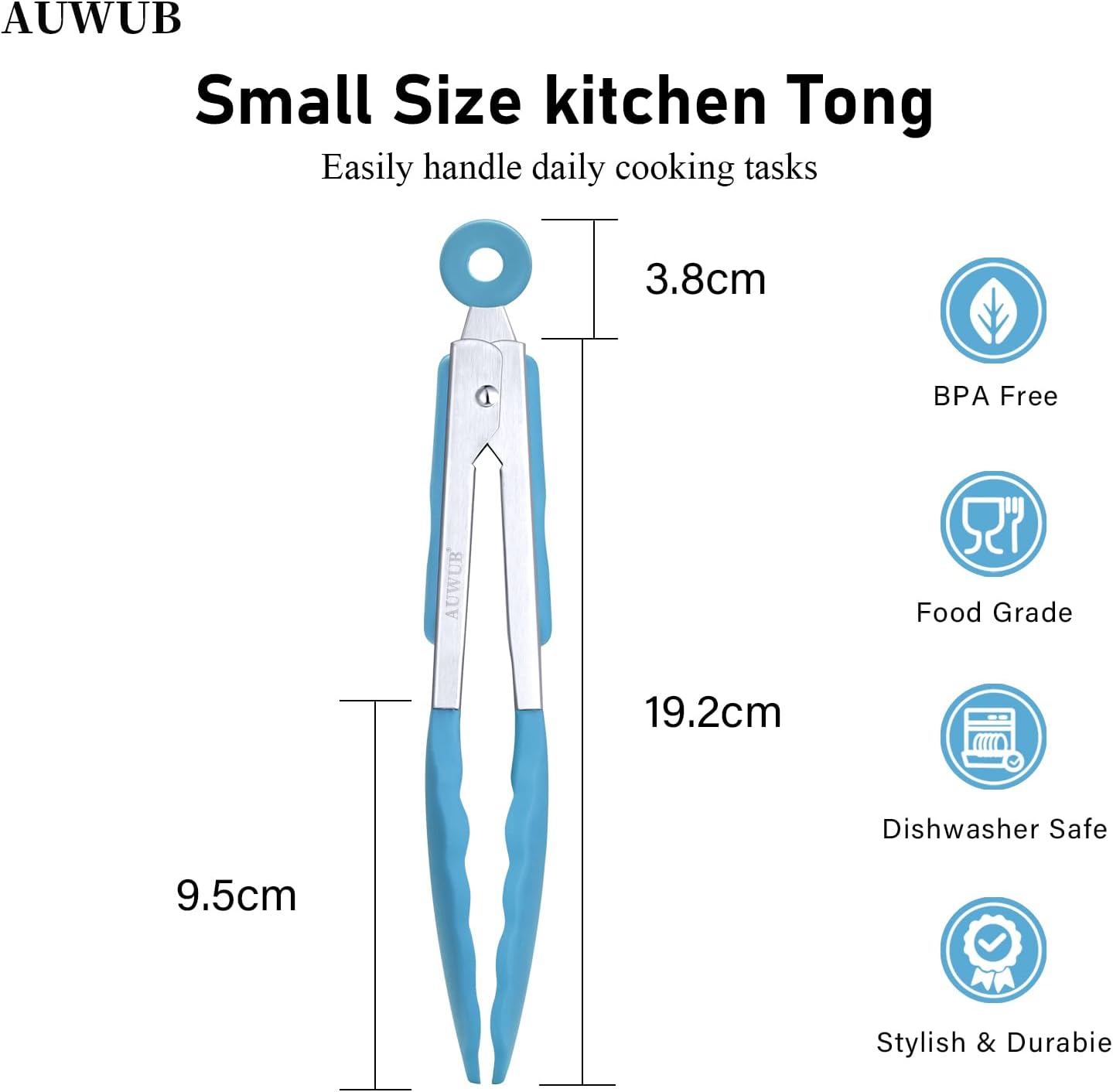 9+12 Inch Blue Salad Tongs 2-Piece Set, Silicone with 304 Stainless Steel Core & Non-Slip Grip, Kitchen Utensils for Grilling Salad
