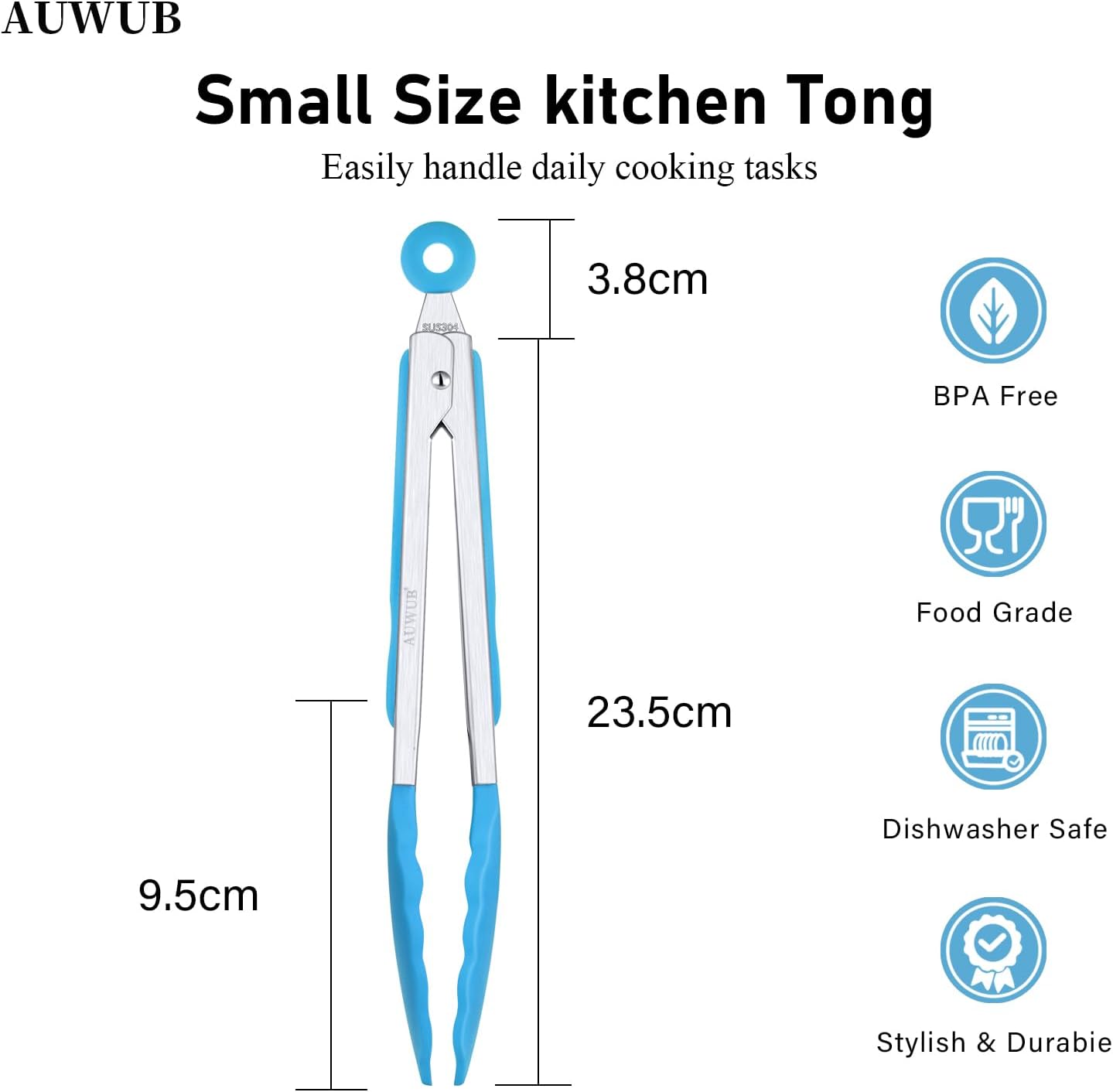 9+12 Inch Blue Salad Tongs 2-Piece Set, Silicone with 304 Stainless Steel Core & Non-Slip Grip, Kitchen Utensils for Grilling Salad