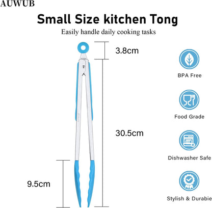 9+12 Inch Blue Salad Tongs 2-Piece Set, Silicone with 304 Stainless Steel Core & Non-Slip Grip, Kitchen Utensils for Grilling Salad
