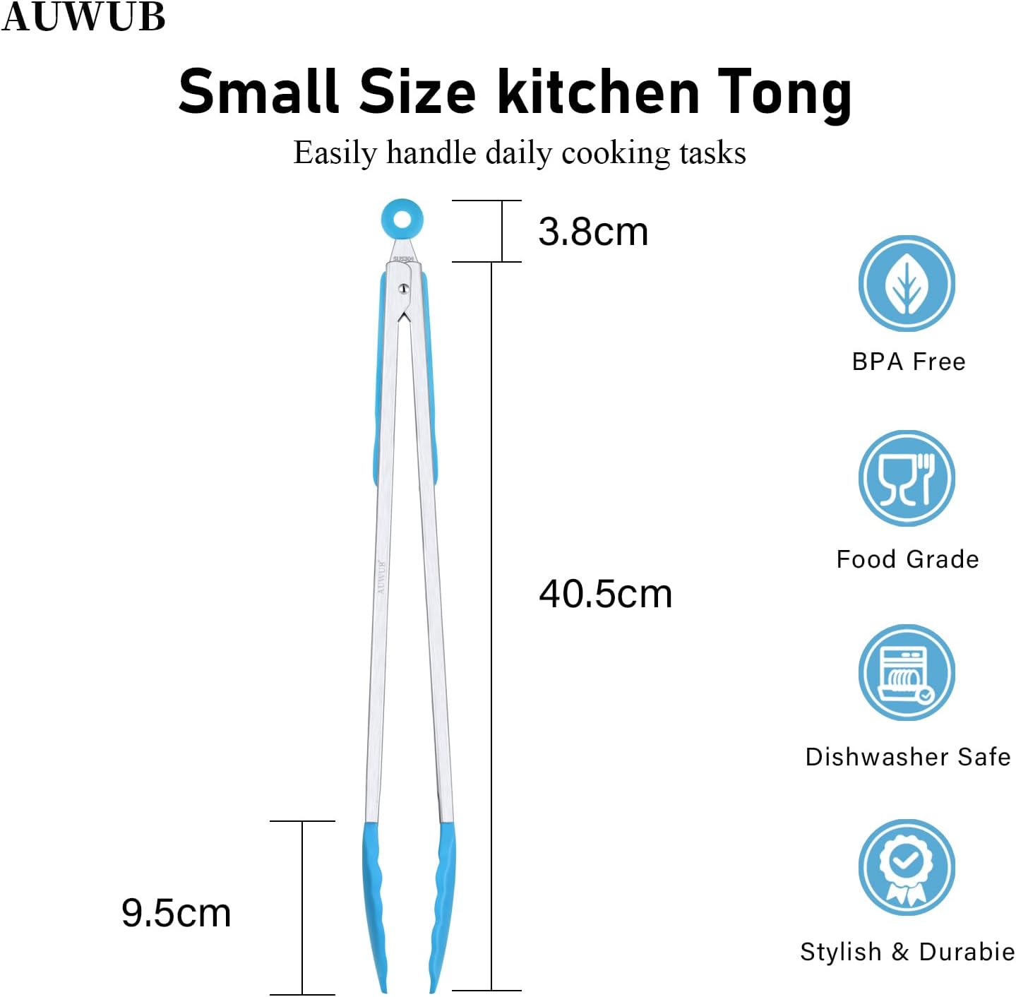 9+12 Inch Blue Salad Tongs 2-Piece Set, Silicone with 304 Stainless Steel Core & Non-Slip Grip, Kitchen Utensils for Grilling Salad