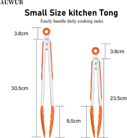 9+12 Inch Blue Salad Tongs 2-Piece Set, Silicone with 304 Stainless Steel Core & Non-Slip Grip, Kitchen Utensils for Grilling Salad