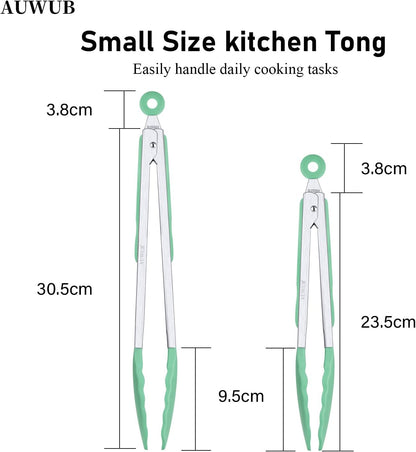 9+12 Inch Blue Salad Tongs 2-Piece Set, Silicone with 304 Stainless Steel Core & Non-Slip Grip, Kitchen Utensils for Grilling Salad