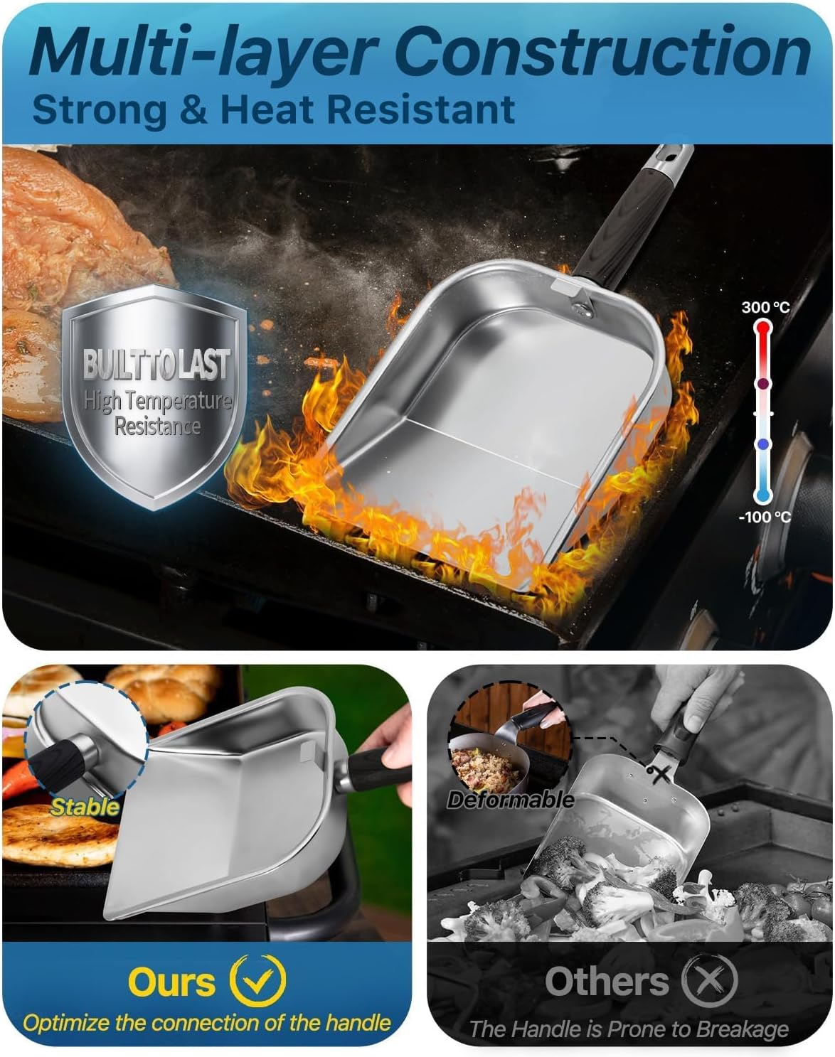 Griddle Scoop for Blackstone with a Any-Edge Hook, Stainless Steel Griddle Portable Food Mover for Stir Fry and Move Food, Classic Grill Shovel