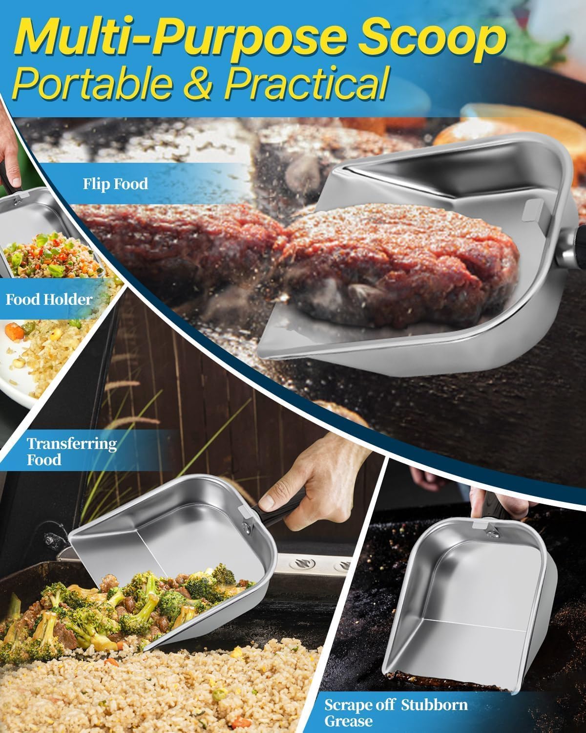 Griddle Scoop for Blackstone with a Any-Edge Hook, Stainless Steel Griddle Portable Food Mover for Stir Fry and Move Food, Classic Grill Shovel