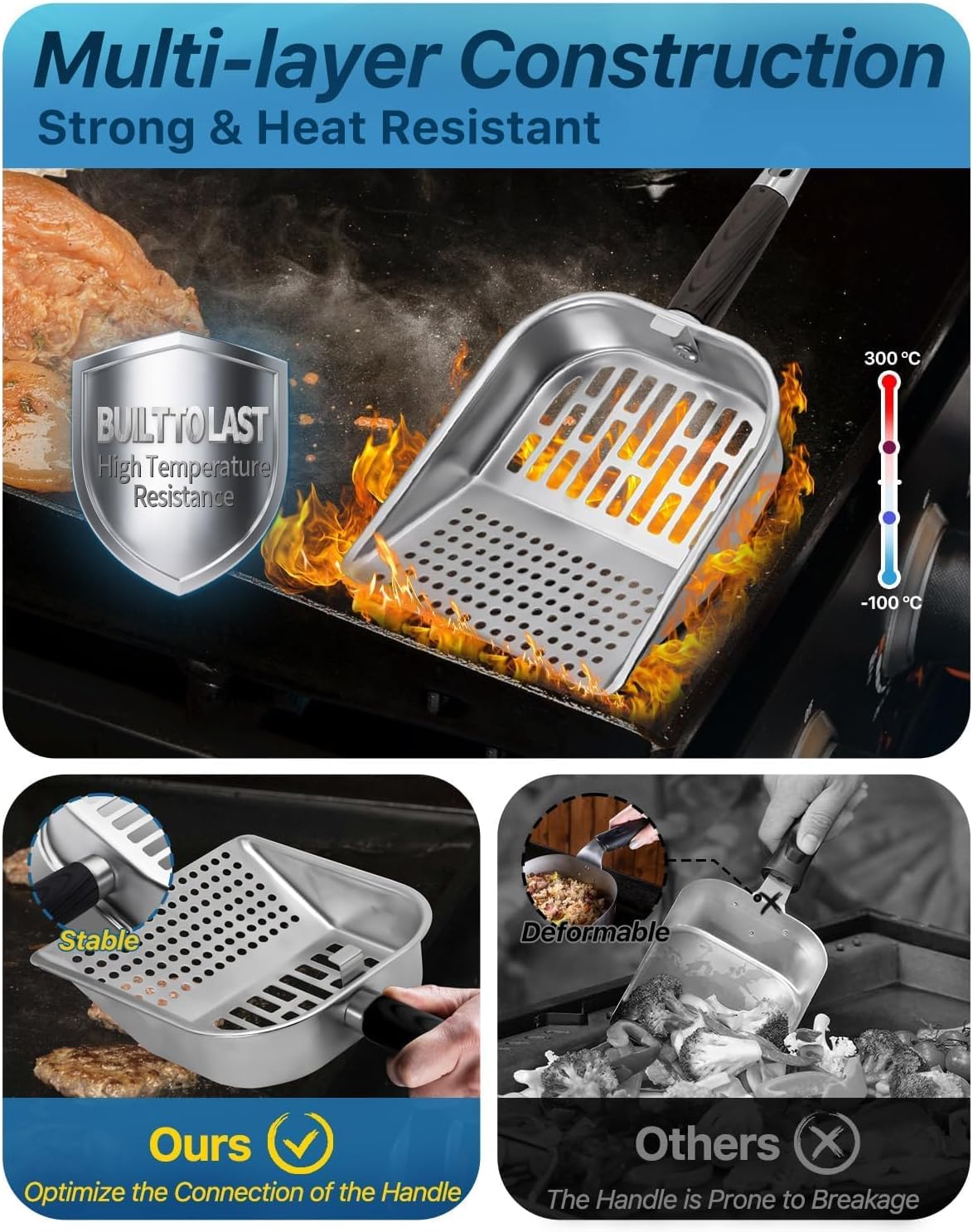 Griddle Scoop for Blackstone with a Any-Edge Hook, Stainless Steel Griddle Portable Food Mover for Stir Fry and Move Food, Classic Grill Shovel