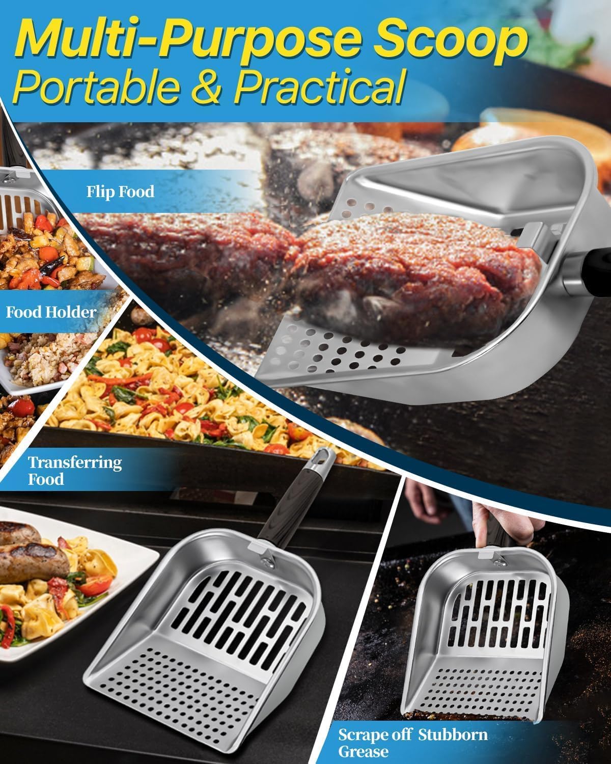 Griddle Scoop for Blackstone with a Any-Edge Hook, Stainless Steel Griddle Portable Food Mover for Stir Fry and Move Food, Classic Grill Shovel