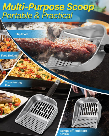 Griddle Scoop for Blackstone with a Any-Edge Hook, Stainless Steel Griddle Portable Food Mover for Stir Fry and Move Food, Classic Grill Shovel