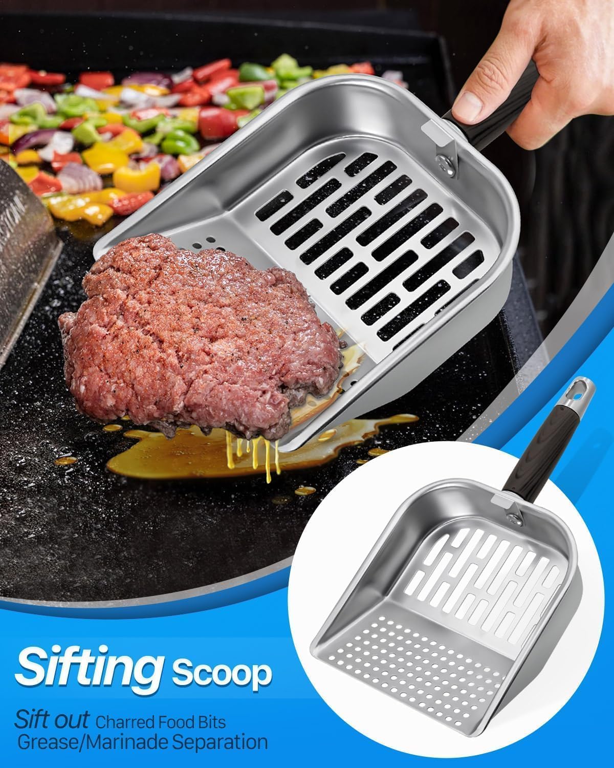 Griddle Scoop for Blackstone with a Any-Edge Hook, Stainless Steel Griddle Portable Food Mover for Stir Fry and Move Food, Classic Grill Shovel