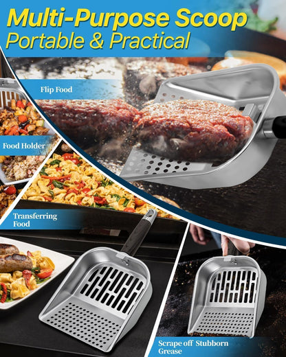 Griddle Scoop for Blackstone with a Any-Edge Hook, Stainless Steel Griddle Portable Food Mover for Stir Fry and Move Food, Classic Grill Shovel