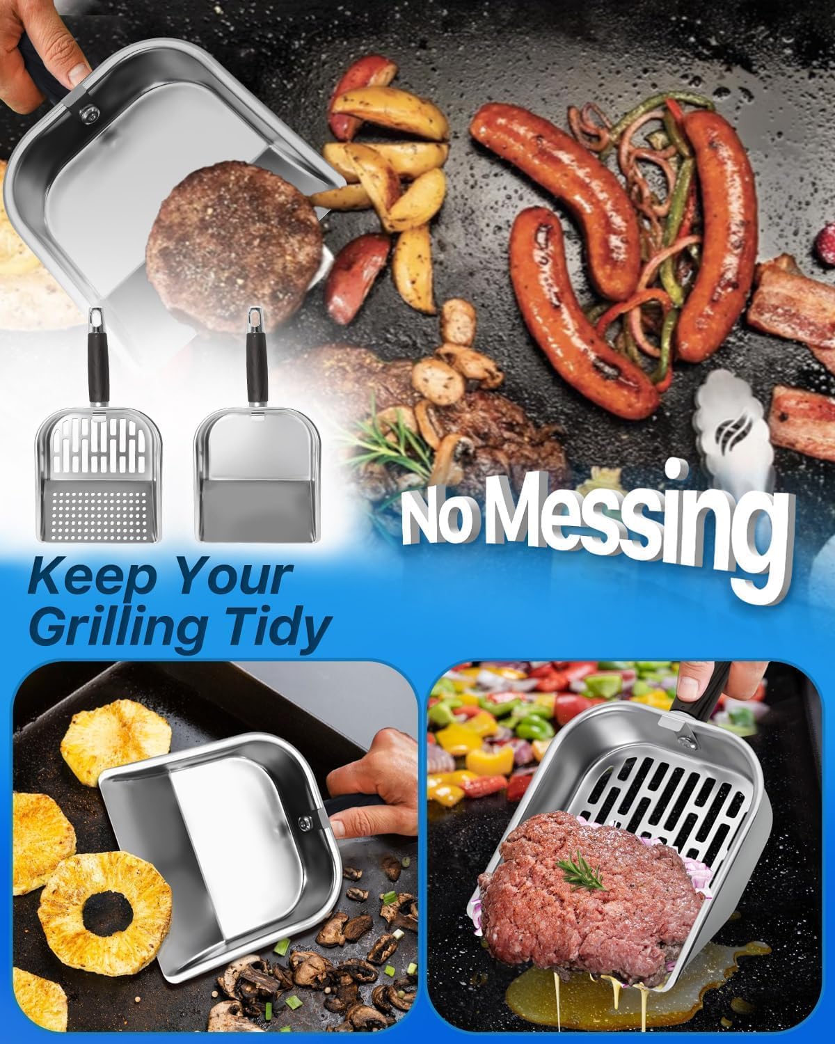 Griddle Scoop for Blackstone with a Any-Edge Hook, Stainless Steel Griddle Portable Food Mover for Stir Fry and Move Food, Classic Grill Shovel