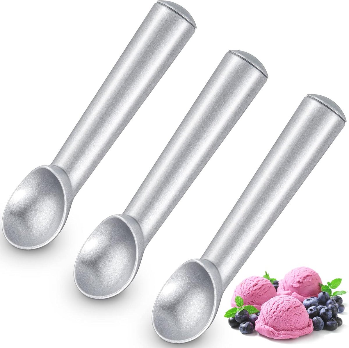3 Pieces Ice Cream Scoop 7 Inches Nonstick Anti Freeze Ice Cream Scooper with Comfort Handle Aluminum Alloy Design Professional Ice Cream Scoop Easy Clean for Gelato Cookie Sorbet (Silver)